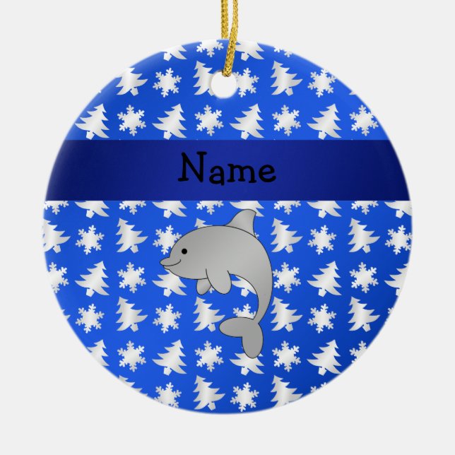 Personalised name dolphin blue snowflakes trees ceramic tree decoration (Front)