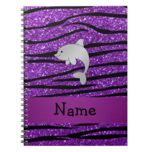 Personalised name dolphin purple zebra stripes spiral notebook