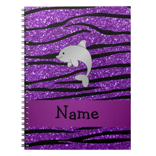 Personalised name dolphin purple zebra stripes spiral notebook (Front)