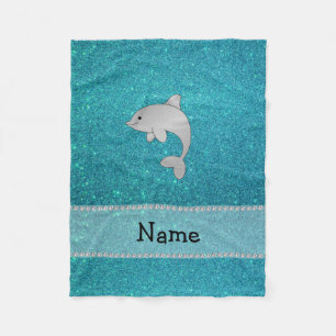 Personalised name dolphin turquoise glitter fleece blanket