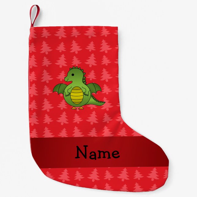 Personalised name dragon red christmas trees small christmas stocking (Front)