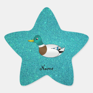 Personalised name duck turquoise glitter star sticker