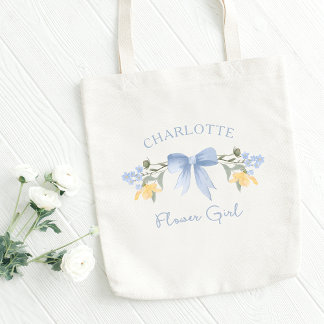 Personalised Name Dusty Blue Cute Bow Flower Girl Tote Bag