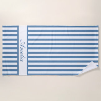 Personalised Name Dusty Blue Stripes Beach Towel