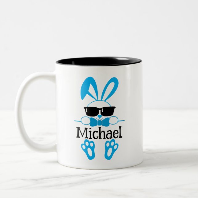 Personalised Name Easter Blue Bunny Sunglasses Two-Tone Coffee Mug (Left)