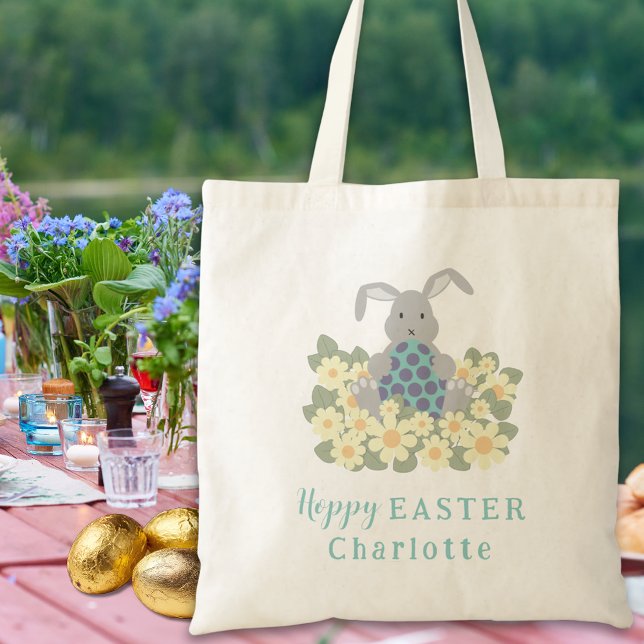 Personalised Name Easter Egg Hunt Bunny Floral Tote Bag (Modern Personalized name easter egg hunt cute bunny spring floral tote bag)