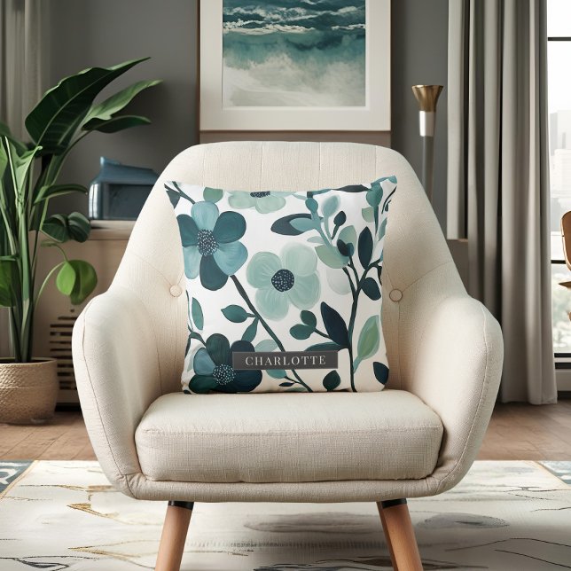 Personalised Name Elegant Blue Aqua Floral Vines Cushion (Creator Uploaded)