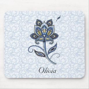 Personalised Name Elegant Floral Paisley Blue Mouse Pad