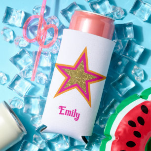 Personalised name elegant gold &pink star  seltzer can cooler