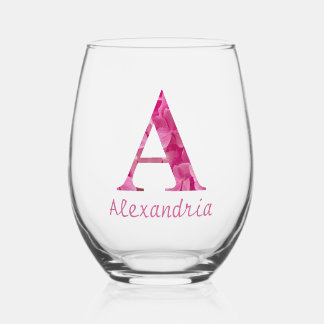 Personalised Name Elegant Pink Floral Monogram "A" Stemless Wine Glass