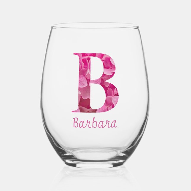 Personalised Name Elegant Pink Floral Monogram "B" Stemless Wine Glass (Front)
