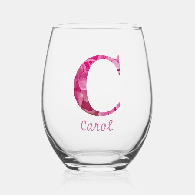 Personalised Name Elegant Pink Floral Monogram "C" Stemless Wine Glass (Front)