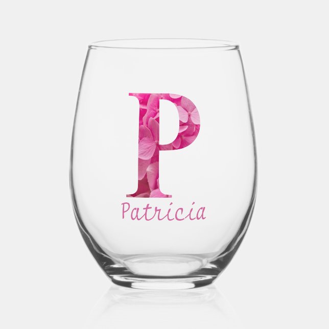 Personalised Name Elegant Pink Floral Monogram "P" Stemless Wine Glass (Front)