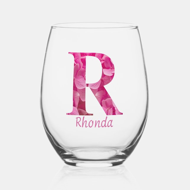 Personalised Name Elegant Pink Floral Monogram "R" Stemless Wine Glass (Front)
