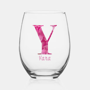 Personalised Name Elegant Pink Floral Monogram "Y" Stemless Wine Glass
