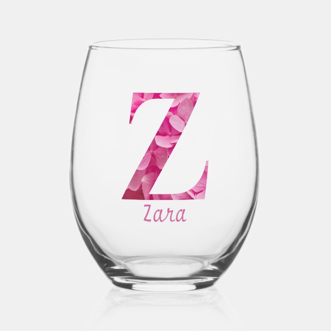 Personalised Name Elegant Pink Floral Monogram "Z" Stemless Wine Glass (Front)