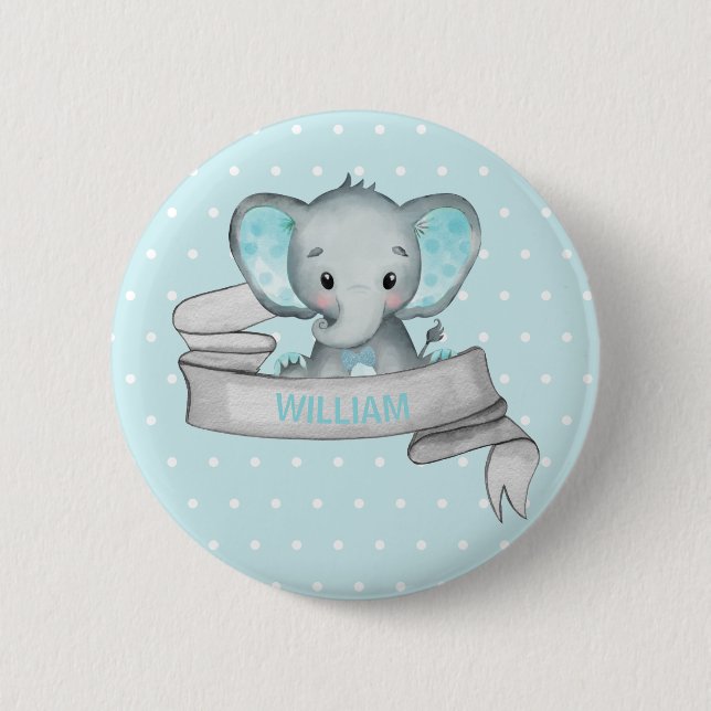 Personalised Name Elephant Baby Boy Blue & Grey 6 Cm Round Badge (Front)