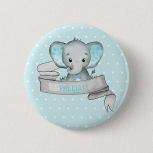 Personalised Name Elephant Baby Boy Blue & Grey 6 Cm Round Badge