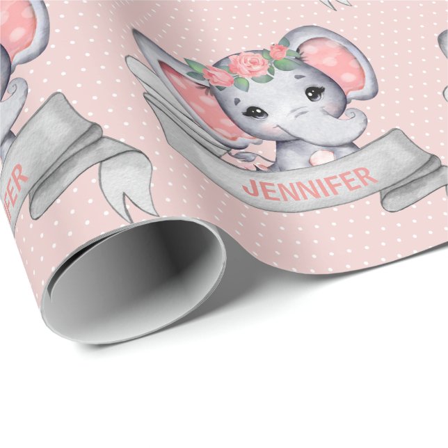 Personalised Name Elephant Baby Girl Pink & Grey Wrapping Paper (Roll Corner)