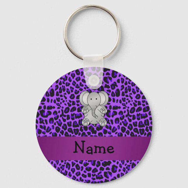 Personalised name elephant purple leopard print key ring (Front)