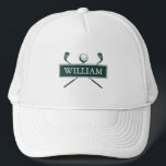 Personalised Name Emerald Green Golf Ball And Club Trucker Hat<br><div class="desc">Personalise the name to create a great golf gift and keepsake. Designed by Thisisnotme©</div>