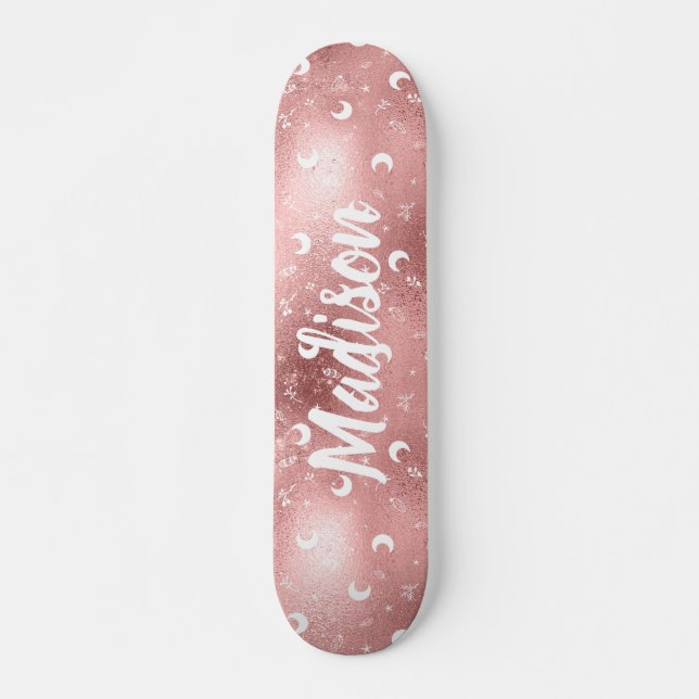 Personalised Name Fairy Pink Moon Rose Gold Chic Skateboard (Front)