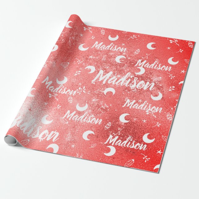 Personalised Name Fairy Red Christmas Moon Girl Wrapping Paper (Unrolled)