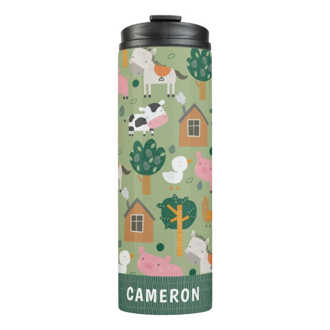 Personalised Name Farm Animal Kids Playful Green Thermal Tumbler (Front)