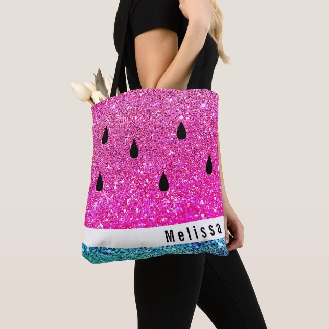 personalised name faux glitter watermelon tote bag (Close Up)