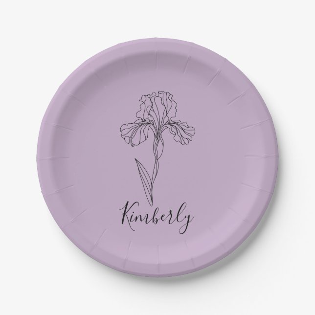 Personalised name February iris Birth Flower Paper Plate (Front)