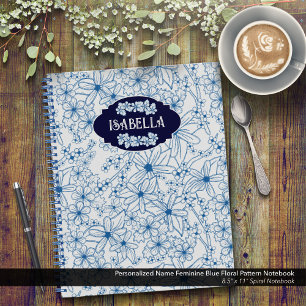 Personalised Name Feminine Blue Floral Pattern Notebook