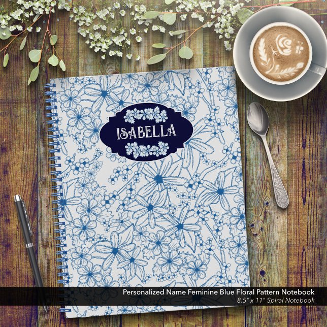 Personalised Name Feminine Blue Floral Pattern Notebook (Feminine Blue Floral Pattern Spiral Notebook–Personalized with Your Name)