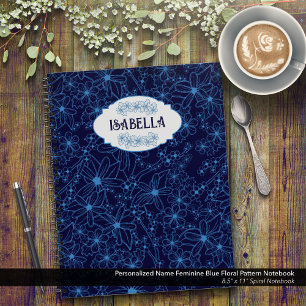 Personalised Name Feminine Blue Floral Pattern Notebook