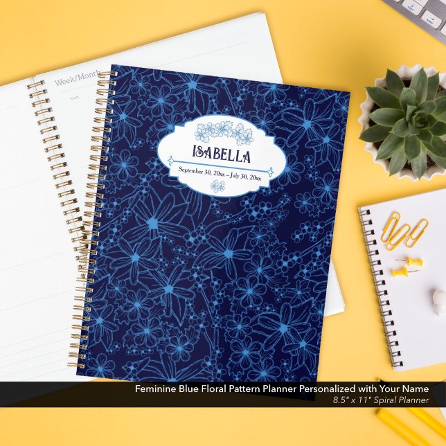 Personalised Name Feminine Blue Floral Pattern Planner (Feminine Navy Blue Floral Pattern Planner–Personalized with Your Name )