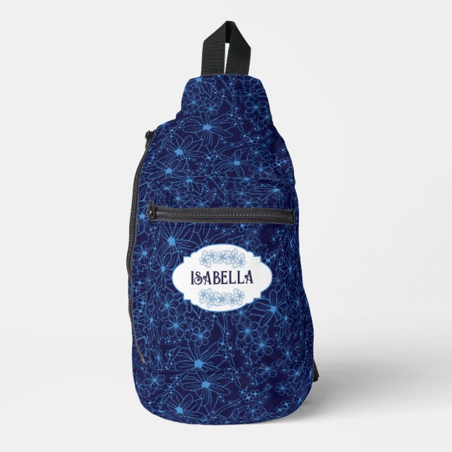 Personalised Name Feminine Blue Floral Pattern Sling Bag (Front)