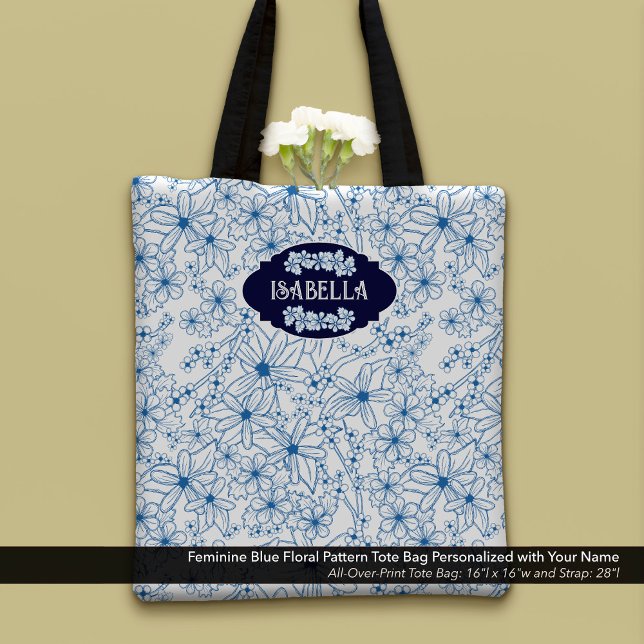 Personalised Name Feminine Blue Floral Pattern Tote Bag (Feminine Blue Floral Pattern Tote Bag–Personalized with Your Name)