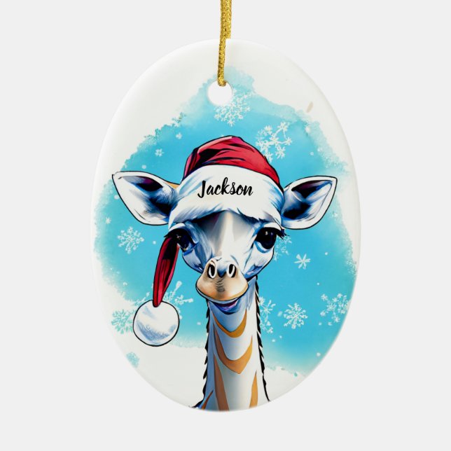 Personalised Name Festive Santa Giraffe Christmas  Ceramic Tree Decoration (Front)