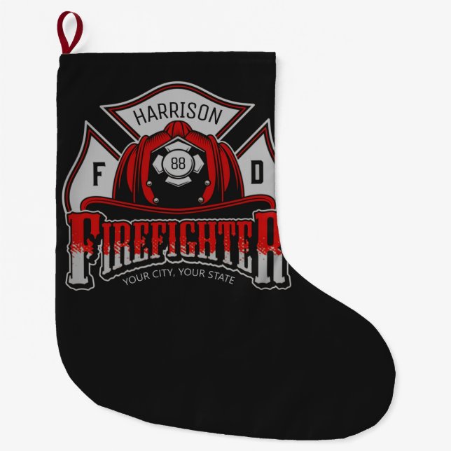 Personalised NAME Firefighter Helmet Fire Rescue Large Christmas Stocking (Front)