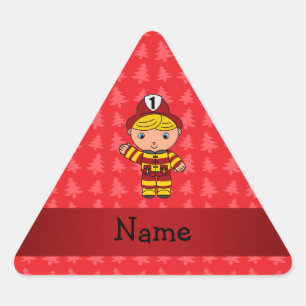 Personalised name fireman red christmas trees triangle sticker