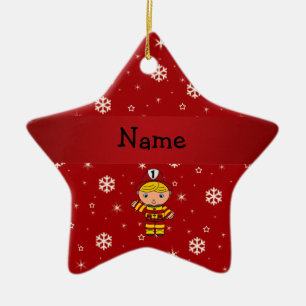 Personalised name fireman red snowflakes ceramic tree decoration