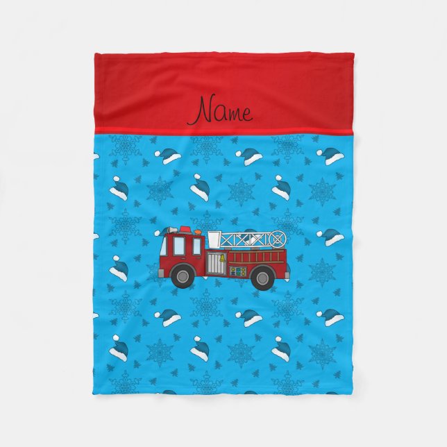 Personalised name firetruck blue santa hats trees fleece blanket (Front)