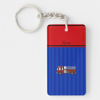 Personalised name firetruck blue stripes key ring