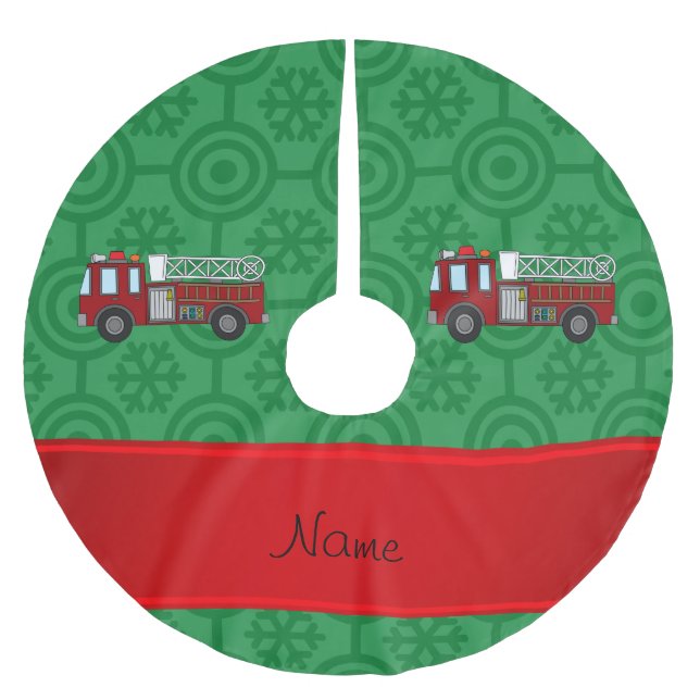 Personalised name firetruck green retro snowflakes brushed polyester tree skirt (Front)