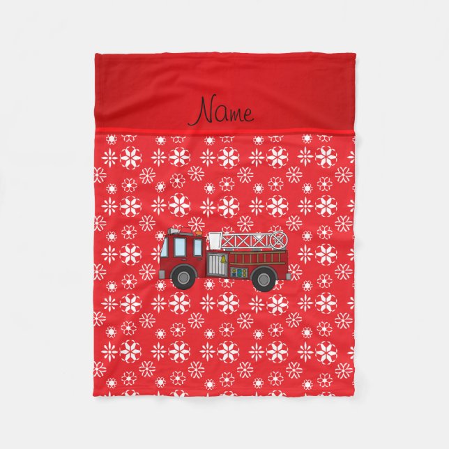 Personalised name firetruck red white snowflakes fleece blanket (Front)