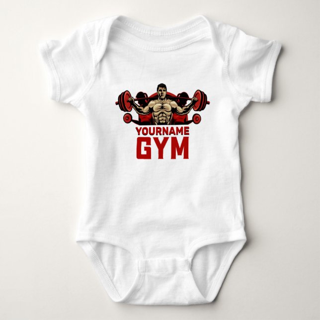Personalised NAME Fitness Home GYM Weight Lifting Baby Bodysuit (Front)