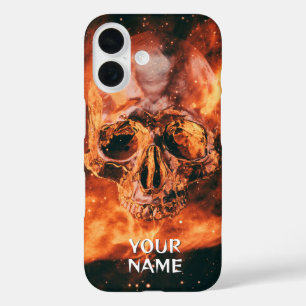 Personalised Name. Flaming skull in space iPhone 16 Case