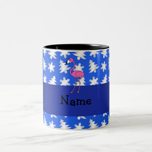 Personalised name flamingo blue snowflakes trees Two-Tone coffee mug (Center)