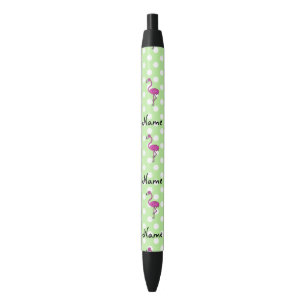 Personalised name flamingo green polka dots black ink pen