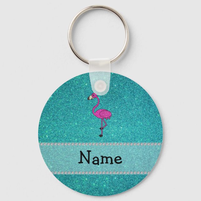 Personalised name flamingo turquoise glitter key ring (Front)