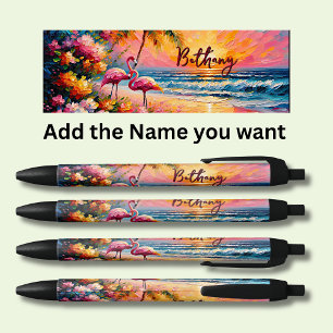 Personalised Name, Flamingos on the Beach Black Ink Pen